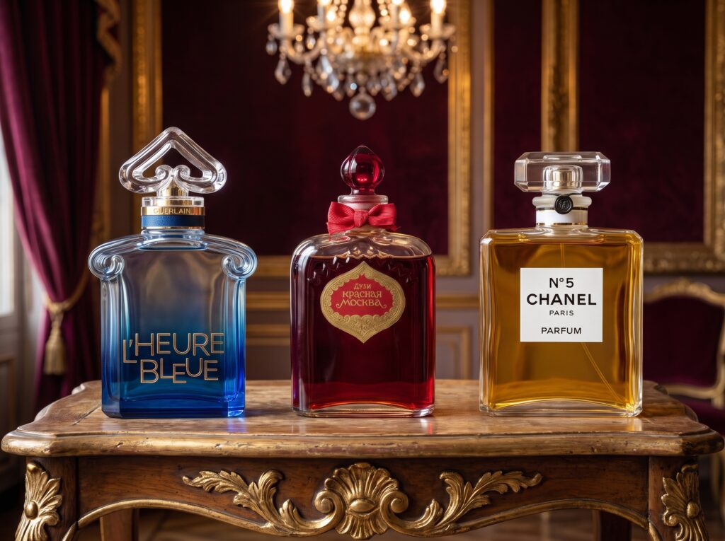 Три легендарных флакона духов в ряд: Guerlain L'Heure Bleue, Красная Москва и Chanel №5.