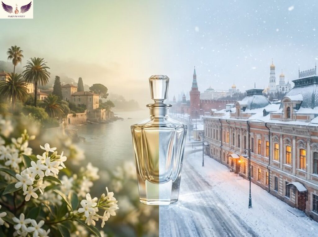 Флакон духов на фоне плавного перехода от влажного побережья Грасса к заснеженной Москве: влияние климата на раскрытие аромата.